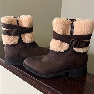 Brown and Cream Shearling Buckle Boots